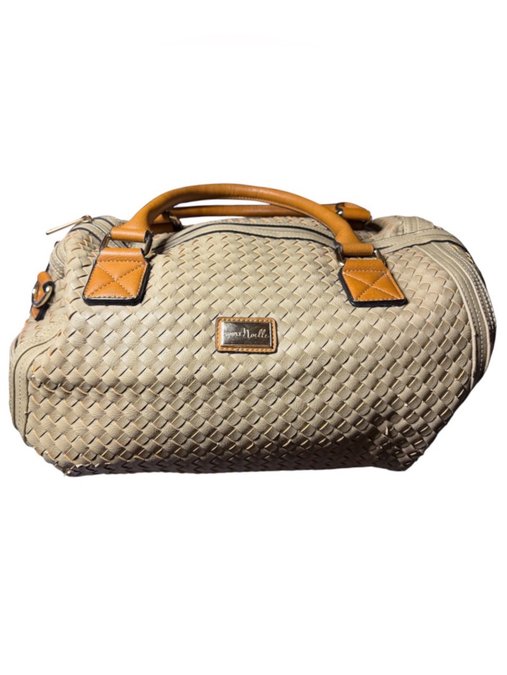 Simply Noelle Cream Woven Overnight Bag with Tan Handles and Detachable Strap